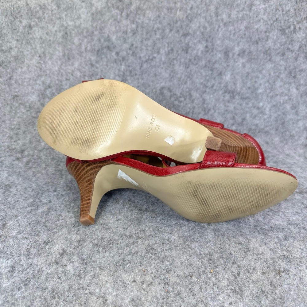 Nine West Womens Red Leather Wedge Sandals Size 8 T Strap Comfort Back Zip - Picture 10 of 14